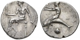 CLASSICAL COINS 
 CALABRIA 
 TARENTUM 
 Nomos, about 450-440 BC. AR 7.96 g. Youthful Taras, nude to waist, seated l. on diphros, holding distaff wi...