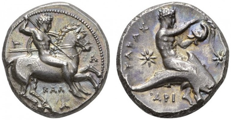 CLASSICAL COINS 
 CALABRIA 
 TARENTUM 
 Nomos, about 340-325 BC., work of the...