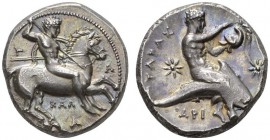 CLASSICAL COINS 
 CALABRIA 
 TARENTUM 
 Nomos, about 340-325 BC., work of the master-engraver Kal. AR 8.03 g. Warrior, nude, on horseback r., holdi...