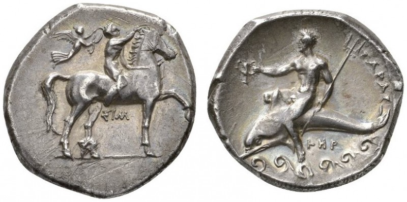CLASSICAL COINS 
 CALABRIA 
 TARENTUM 
 Nomos, about 340-325 BC. AR 7.71 g. Y...