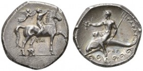 CLASSICAL COINS 
 CALABRIA 
 TARENTUM 
 Nomos, about 340-325 BC. AR 7.71 g. Youth, nude, on horseback r., crowning his horse with his r. hand; he i...