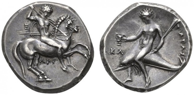 CLASSICAL COINS 
 CALABRIA 
 TARENTUM 
 Nomos, about 325-281 BC. AR 8.05 g. N...