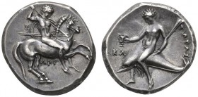 CLASSICAL COINS 
 CALABRIA 
 TARENTUM 
 Nomos, about 325-281 BC. AR 8.05 g. Nude horseman galloping r., holding round shield and two spears with hi...