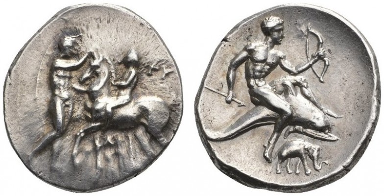 CLASSICAL COINS 
 CALABRIA 
 TARENTUM 
 Nomos, about 302-281 BC. AR 6.53 g. Y...