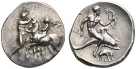 CLASSICAL COINS 
 CALABRIA 
 TARENTUM 
 Nomos, about 302-281 BC. AR 6.53 g. Youth, nude, on horseback l., horse crowned by naked youth standing r.;...