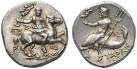 CLASSICAL COINS 
 CALABRIA 
 TARENTUM 
 Reduced nomos, about 250-235 BC. AR 6.64 g. Warrior on horse prancing r., wearing cuirass, head facing, hol...