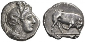CLASSICAL COINS 
 LUCANIA 
 THURIUM 
 Dinomos, about 400 BC. AR 15.34 g. Head of Athena r., wearing crested Attic helmet decorated with Scylla. Rev...