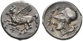 CLASSICAL COINS 
 BRUTTIUM 
 LOCRI EPIZEPHYRII 
 Stater of Corinthian Type, about 315 BC. AR 8.74 g. Pegasus flying l., below, thunderbolt. Rev. LO...