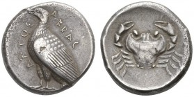 CLASSICAL COINS 
 SICILY 
 ACRAGAS 
 Tetradrachm, about 480-460 BC. AR 17.28 g. AKRAC - ANTOS Eagle standing l. Rev. Crab. SNG ANS 969 (this obv. d...