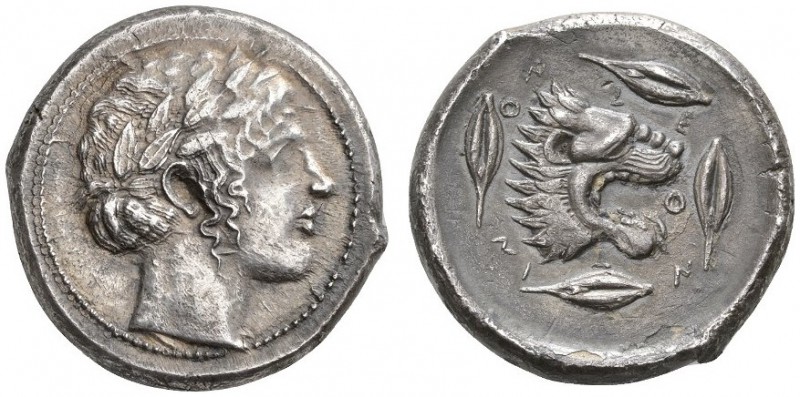CLASSICAL COINS 
 SICILY 
 LEONTINI 
 Tetradrachm, about 450 BC. AR 16.97 g. ...