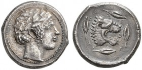 CLASSICAL COINS 
 SICILY 
 LEONTINI 
 Tetradrachm, about 450 BC. AR 16.97 g. Laureate head of Apollo r., hair bound up in the back of the head. Rev...
