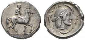 CLASSICAL COINS 
 SICILY 
 SYRACUSE 
 Didrachm, about 480 BC. AR 8.28 g. Nude, bearded horseman r., holding reins with both his hands. Rev. SVRA - ...