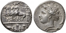 CLASSICAL COINS 
 SICILY 
 SYRACUSE 
 Decadrachm, signed by the master-engraver Euainetos, about 405-390 BC. AR 43.01 g. Fast quadriga l., the char...