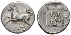 CLASSICAL COINS 
 THRACE 
 MARONEIA 
 Stater, about 385-350 BC. AR 11.35 g. MARW Horse with trailing rein prancing l. Rev. Vine with four bunches o...
