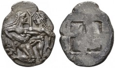 CLASSICAL COINS 
 ISLANDS OFF THRACE 
 Stater, about 540-520 BC. AR 9.51 g. Nude, ithyphallic Silenos with beard and long hair, kneeling r., carryin...