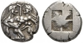CLASSICAL COINS 
 ISLANDS OFF THRACE 
 Stater, about 540-520 BC. AR 9.71 g. Nude, ithyphallic Silenos with beard and long hair, kneeling r., carryin...
