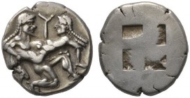 CLASSICAL COINS 
 ISLANDS OFF THRACE 
 Stater, about 540-520 BC. AR 9.33 g. Nude, ithyphallic Silenos with beard, hair falling down neck in two plai...