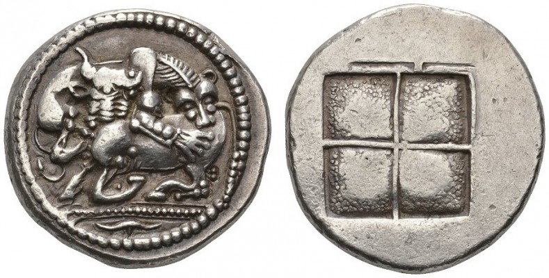 CLASSICAL COINS 
 MACEDONIA 
 ACANTHUS 
 Tetradrachm, about 470 BC. AR 17.26 ...