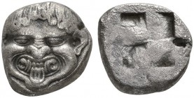 CLASSICAL COINS 
 MACEDONIA 
 NEAPOLIS 
 Stater, about 500 BC. AR 9.93 g. Facing Gorgoneion protruding tongue. Rev. Four-part incuse square. Svoron...