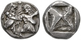 CLASSICAL COINS 
 MACEDONIA 
 SIRIS (&quot;LETE&quot;) 
 Stater, about 500 BC. AR 9.96 g. Nude, ithyphallic and bearded Satyr r., grasping hand of ...