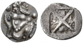 CLASSICAL COINS 
 MACEDONIA 
 SIRIS (&quot;LETE&quot;) 
 1/8 stater, about 500-480 BC. AR 0.69 g. Nude and bearded Satyr with long horse tail seate...