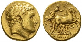 CLASSICAL COINS 
 KINGDOM OF MACEDONIA 
 Stater, gold, posthumous, Amphipolis , about 323-315 BC. or later. AV 8.56 g. Laureate head r. with sidebur...