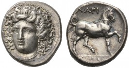CLASSICAL COINS 
 THESSALY 
 LARISSA 
 Didrachm, about 356-342 BC. AR 12.10 g. Facing head of nymph Larisa, slightly turned l., hair held by ampyx....