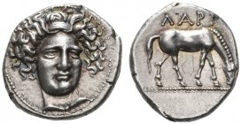 CLASSICAL COINS 
 THESSALY 
 LARISSA 
 Drachm, about 390-360 BC. AR 6.06 g. Facing head of nymph Larisa, slightly turned r., hair held by ampyx. Re...