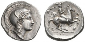 CLASSICAL COINS 
 THESSALY 
 PHARSALUS 
 Drachm, about 424-405 BC. AR 6.07 g. Head of Athena r., wearing crested Attic helmet with raised cheek pie...