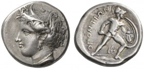 CLASSICAL COINS 
 LOCRIS 
 LOCRI OPUNTII 
 Stater, about 350-340 BC. AR 12.13 g. Head of Demeter l., crowned with ears of corn; she wears a triple-...