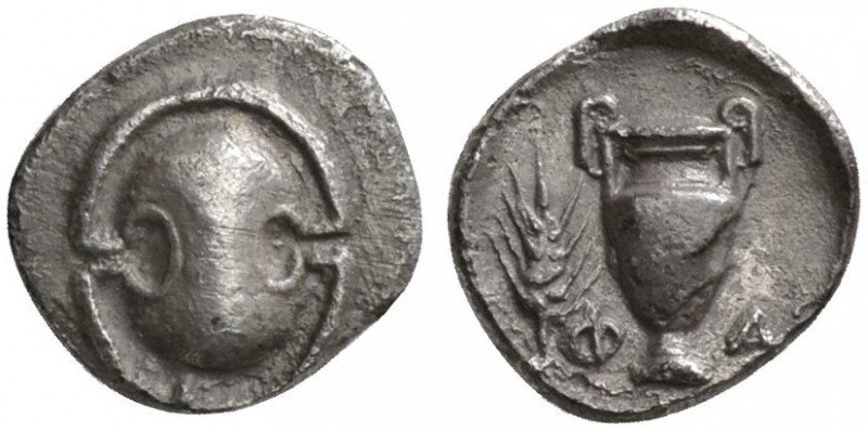 CLASSICAL COINS 
 BOEOTIA 
 PHARAE 
 Obol, 4th c. BC. AR 0.90 g. Boeotian shi...