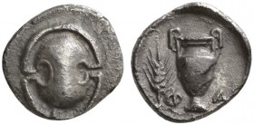 CLASSICAL COINS 
 BOEOTIA 
 PHARAE 
 Obol, 4th c. BC. AR 0.90 g. Boeotian shield. Rev. F - A Amphora, in field l., ear of corn. BMC 4. BCD, Boiotia...