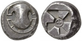 CLASSICAL COINS 
 BOEOTIA 
 THEBES 
 Stater, about 480-460 BC. AR 12.02 g. Boeotian shield. Rev. Incuse square with four raised triangels, in the c...