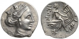 CLASSICAL COINS 
 EUBOEA 
 HISTIAIA 
 Tetrobol, about 168-146 BC. AR 2.38 g. Head of maenad r., crowned with grapes and vine leaves, wearing earrin...