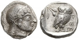 CLASSICAL COINS 
 ATTICA 
 ATHENS 
 Tetradrachm, about 500-485 BC. AR 16.82 g. Head of Athena r., wearing crested Attic helmet with neck-guard, dis...