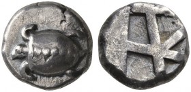 CLASSICAL COINS 
 ISLAND OF AEGINA 
 Stater, about 480-450 BC. AR 12.40 g. Turtle with pellets running down its shell. Rev. Incuse square, divided b...