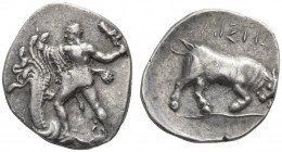 CLASSICAL COINS 
 ISLAND OF CRETE 
 PHAESTUS 
 Stater, about 330-300 BC. AR 11.70 g. Heracles, nude, seen from the back, lion skin over l. forearm ...