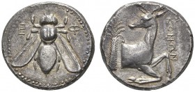CLASSICAL COINS 
 IONIA 
 EPHESUS 
 Tetradrachm, about 390-380 BC. AR 14.94 g. E - F Bee. Rev. Forepart of stag r., head turned l., behind, palm tr...