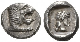 CLASSICAL COINS 
 CARIA 
 CNIDUS 
 Drachm, about 449-440 BC. AR 6.16 g. Forepart of lion r. Rev. Head of Aphrodite r., thin band in the hair, which...