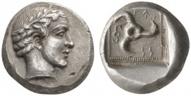 CLASSICAL COINS 
 LYCIAN DYNASTS 
 VEKHSERE I, about 460-440 BC. Stater. AR 8.58 g. Laureate head of Apollo r. Rev. Triskelis and Lycian legend WeKH...