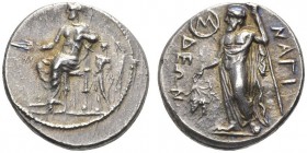 CLASSICAL COINS 
 CILICIA 
 NAGIDUS 
 Stater, about 360-333 BC. AR 10.71 g. Aphrodite, wearing long chiton, seated l. on diphros, holding patera in...