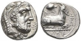 CLASSICAL COINS 
 CYPRUS 
 SALAMIS 
 EUAGORAS I, king about 411-374 BC. Stater. AR 11.11 g. Bearded head of Heracles r., wearing lion skin; in fiel...
