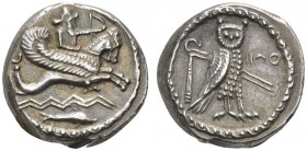 CLASSICAL COINS 
 PHOENICIA 
 TYRE 
 Stater, about 339-338 BC. AR 8.92 g. Melkart riding hippocamp r., holding bow in his outstretched l. hand; bel...