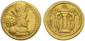 CLASSICAL COINS 
 SASANIAN KINGS IN PERSIA 
 SHABUR I, king about AD 241-272. Dinar, gold. AV 7.48 g. Bearded, draped bust r., hair in large bun at ...