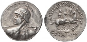 CLASSICAL COINS 
 KINGDOM OF BACTRIA 
 Tetradrachm, Merv . AR 16.93 g. Heroic bust l., seen from rear, wearing crested Indian helmet and royal diade...