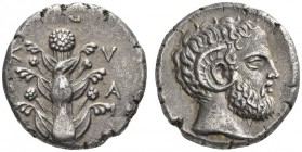 CLASSICAL COINS 
 CYRENAICA 
 CYRENE 
 Tetradrachm, about 400-370 BC. AR 13.19 g. K - U / R - A / N - A Silphium plant. Rev. Bearded head of Zeus A...