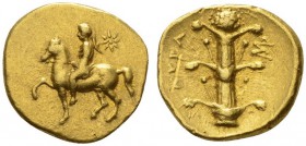 CLASSICAL COINS 
 CYRENAICA 
 CYRENE 
 Magas , king about 283-250 BC. Tetrobol, gold. AV 2.85 g. Youth, wearing chlamys, on horseback l., petasus i...