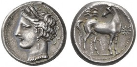 CLASSICAL COINS 
 ZEUGITANIA 
 CARTHAGE 
 Shekel, silver, about 280-260 BC. AR 7.65 g. Head of Tanit l., crowned with ears of corn, wearing triple-...