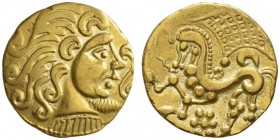 CELTIC COINS 
 FRANCE 
 THE PARISII. Stater, gold, class II, about 100-50 BC. AV 7.34 g. Head with flowing locks r., in front, large double volute, ...