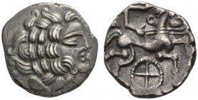 CELTIC COINS 
 FRANCE 
 RIEDONES. Silverstater, 1st c. BC. Bil. 6.75 g. Male head r. Rev. Fast biga r., horse with human head; the charioteer holdin...